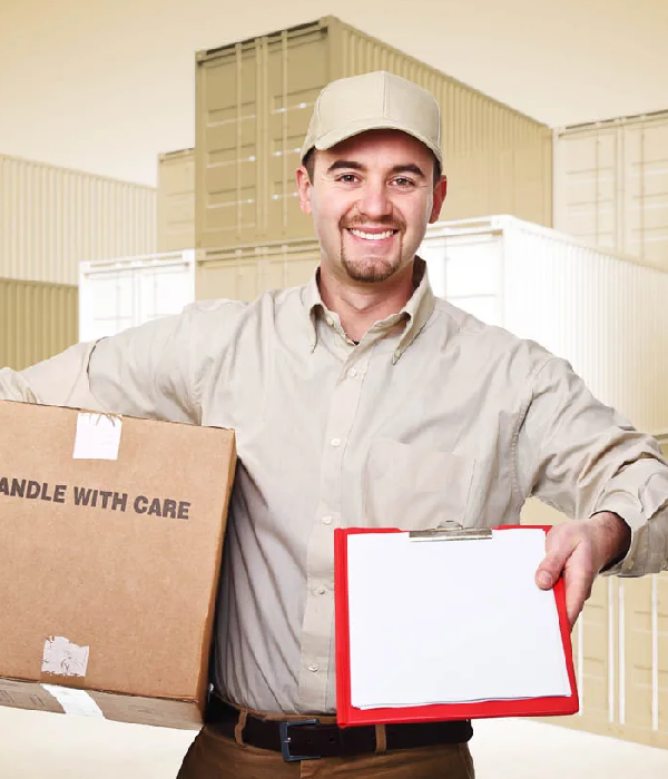 Smiling delivery person holding a package labeled "HANDLE WITH CARE" and a clipboard, set against a backdrop of storage containers, representing TapTap's courier services and commitment to reliable delivery.