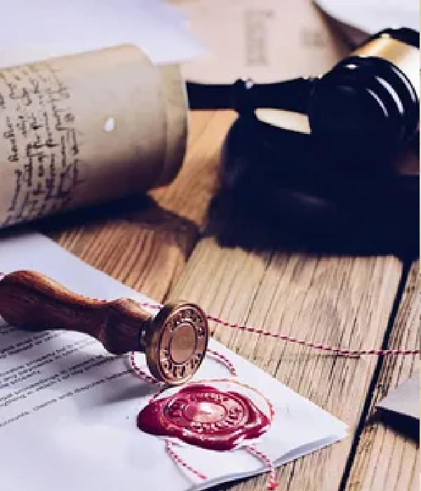 Wax seal stamp and rolled parchment on wooden table, symbolizing formal documentation and trust in services like mobile notary and delivery.
