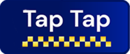 Tap Tap logo featuring bold white text on a blue background with yellow taxi checkered pattern, representing Tap Tap Rideshares services for personal and business transportation.