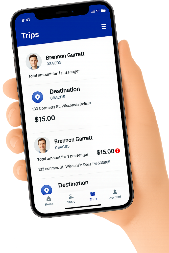Smartphone displaying TapTap rideshare app interface with trip details, including passenger name, destination, and fare amount.